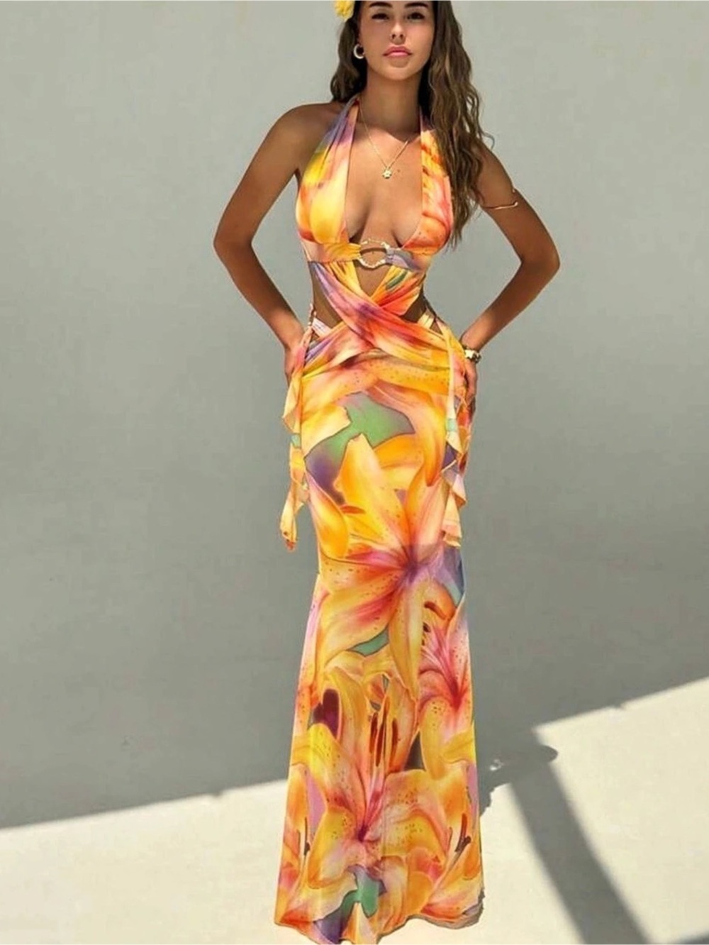 Tropical Halter Maxi cut out Dress in Orange & Pink NWOT